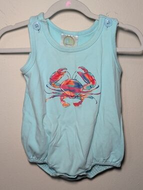 Boutique Blanks Colorful Crab Bubble Romper Aqua Blue 100% Cotton Boys Size 18M